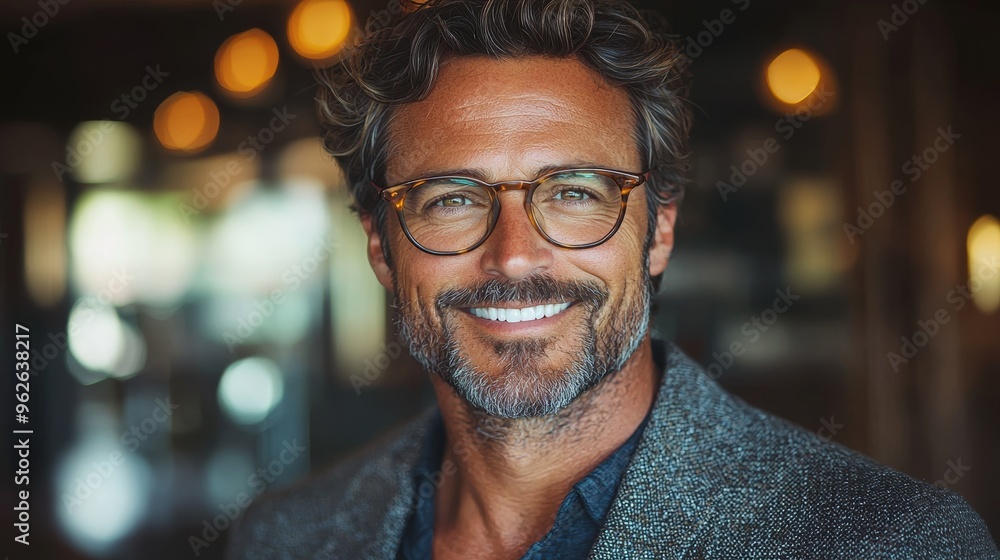 Confident man with glasses smiles warmly in a stylish setting during the golden hour at a modern venue