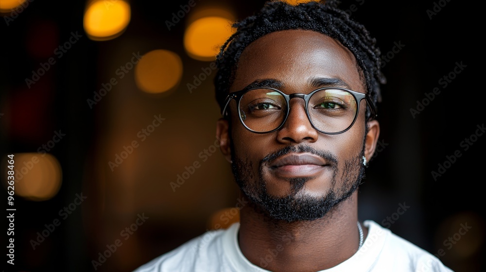 Young man with glasses and stylish hair smiling confidently in a modern indoor setting with warm ambient lighting Young man with glasses and stylish hair smiling confidently in a modern indoor setting with warm ambient lighting