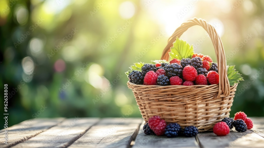 A market basket brimming with fresh berries, set on a wooden table with a blurred outdoor garden background