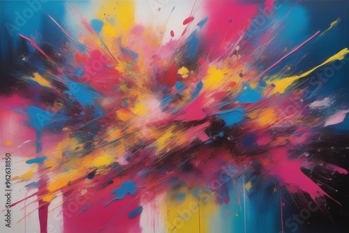 Abstract painting with vibrant colors in pink, yellow, blue and black.