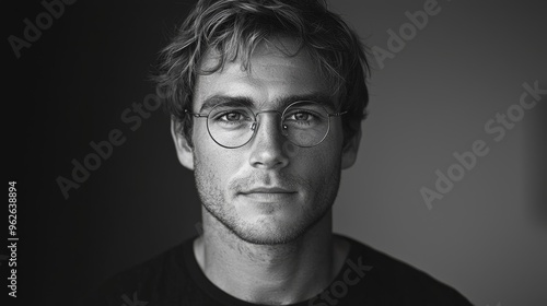 Young man with glasses posing thoughtfully in low-key lighting, showcasing a serious yet engaging expression