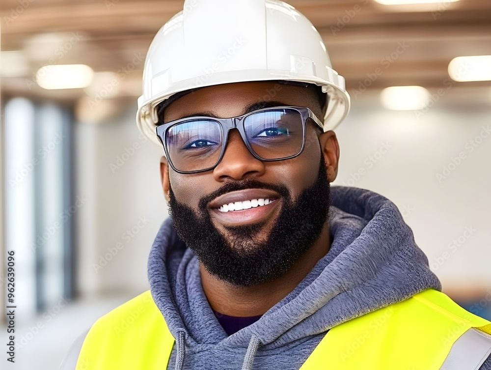 Smiling Construction Worker in Hard Hat and Safety Vest Smiling Construction Worker in Hard Hat and Safety Vest