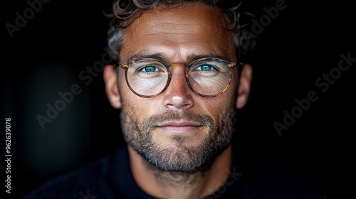 Close-up portrait of a man with curly hair and glasses showcasing a confident expression against a dark background