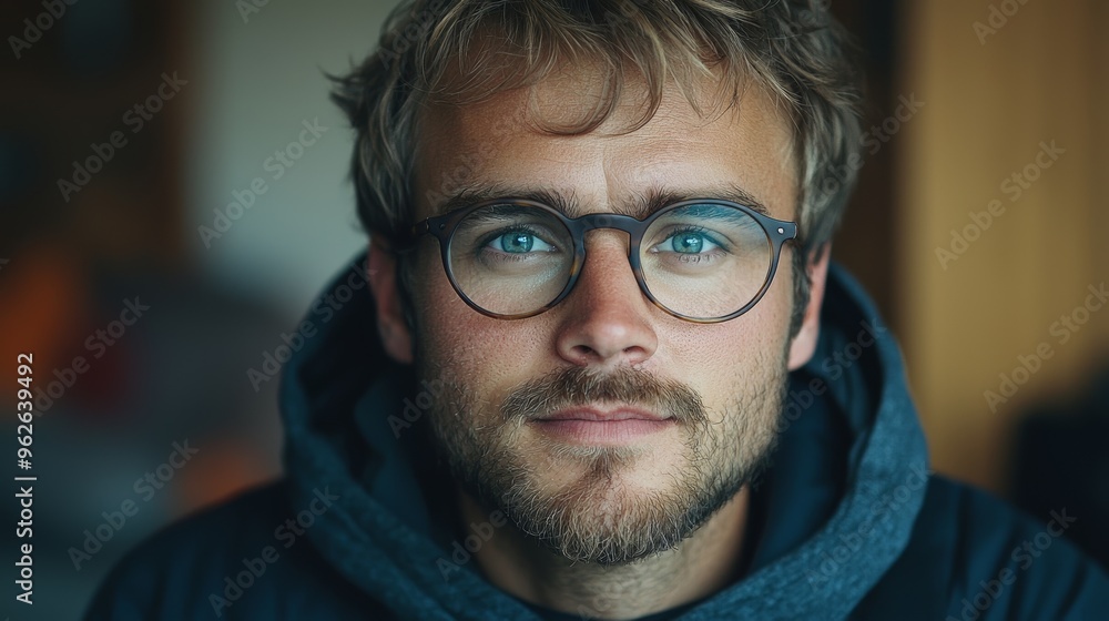 Young man with glasses and a beard gazes thoughtfully in a cozy indoor space during the afternoon Young man with glasses and a beard gazes thoughtfully in a cozy indoor space during the afternoon