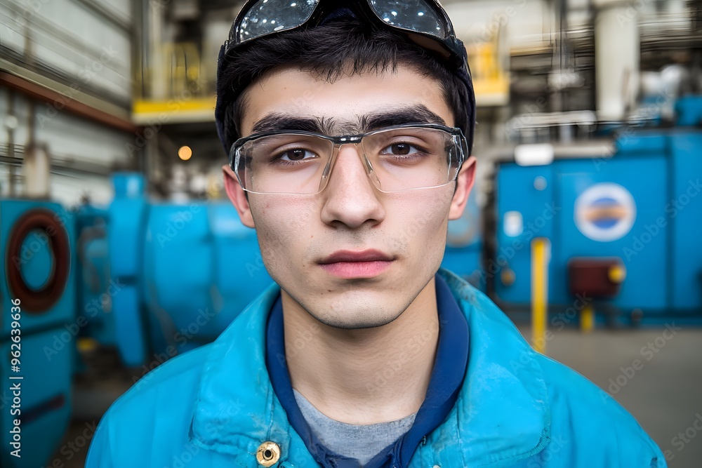 Young Man in Blue Workwear Looking at Camera in Factory Young Man in Blue Workwear Looking at Camera in Factory