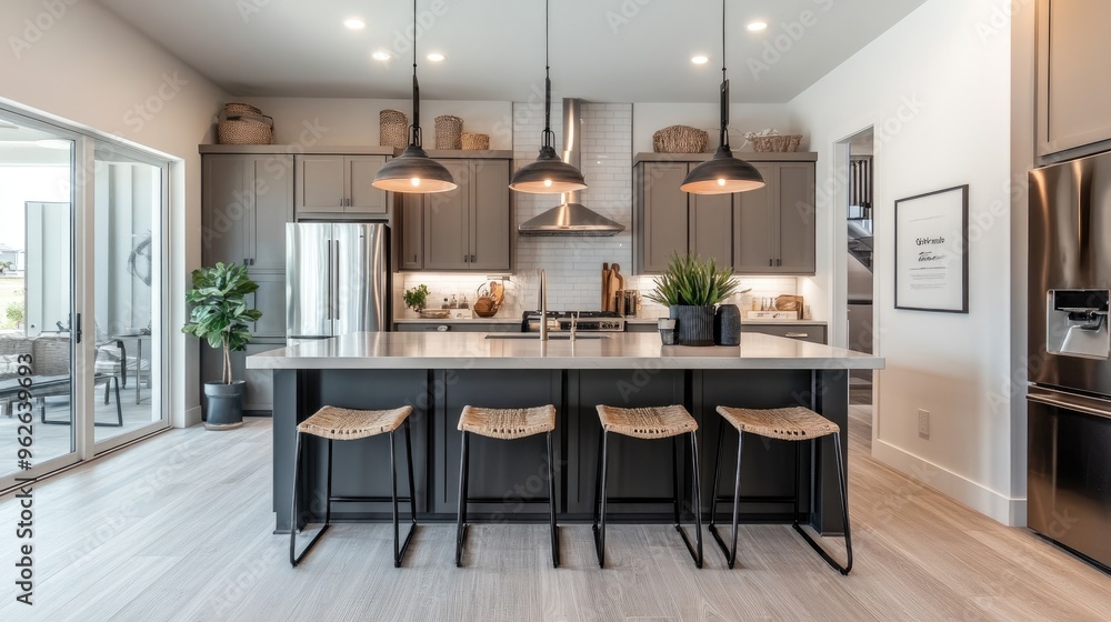 A modern kitchen island with bar stools, pendant lights, and sleek cabinetry, complemented by stainless steel appliances A modern kitchen island with bar stools, pendant lights, and sleek cabinetry, complemented by stainless steel appliances
