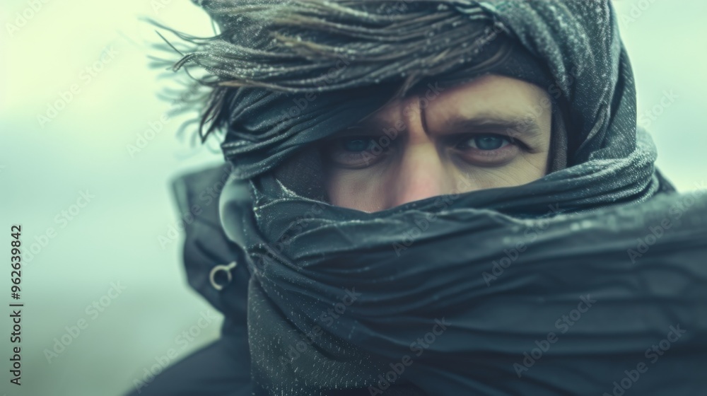 A close-up portrait of a man with a determined expression, wrapped in scarves and facing windy weather. The image captures the intensity of the elements and the resilience of the subject, highlighting A close-up portrait of a man with a determined expression, wrapped in scarves and facing windy weather. The image captures the intensity of the elements and the resilience of the subject, highlighting
