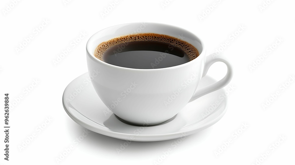 A simple white ceramic cup filled with freshly brewed black coffee, presented on a matching saucer against a clean, white background. A simple white ceramic cup filled with freshly brewed black coffee, presented on a matching saucer against a clean, white background.