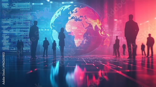 Silhouettes of business professionals stand before a glowing digital globe, surrounded by futuristic data visuals, representing global business and technology.