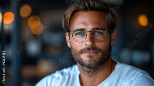 Young man with glasses poses confidently in a cozy cafe setting during the afternoon sunlight