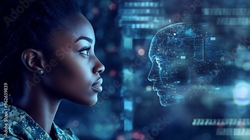 A woman in military uniform gazes at a glowing digital AI head, symbolizing the intersection of technology, artificial intelligence, and human interaction.