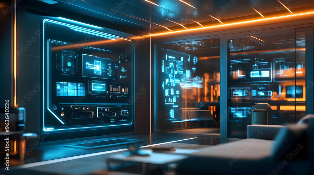 Futuristic Office Interior with Interactive Displays - 3D Illustration Futuristic Office Interior with Interactive Displays - 3D Illustration