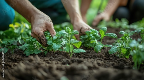 Couple gardening in their backyard, planting herbs and flowers, dirt on their hands, sunny and refreshing day,