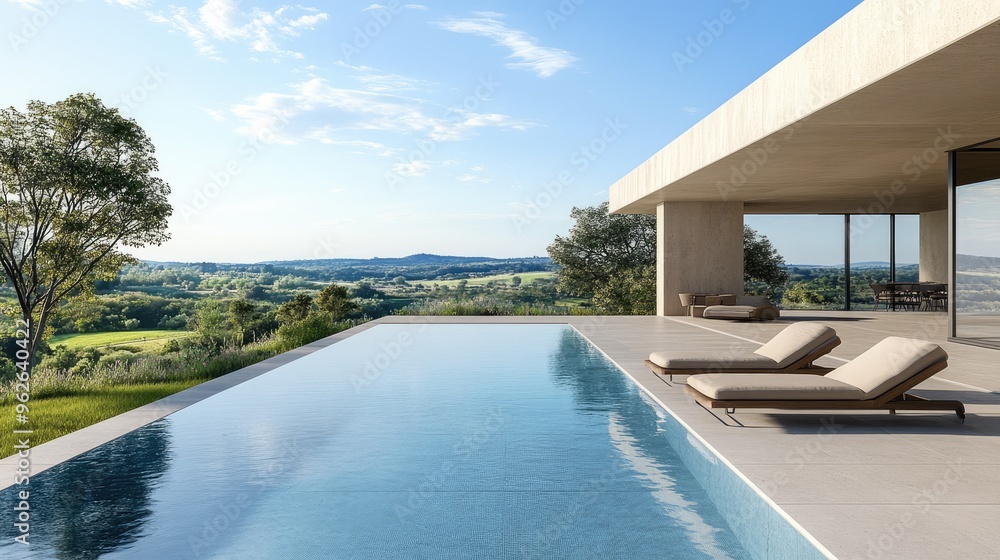 Fototapeta premium A modern swimming pool area with clean lines, minimalistic loungers, and a beautiful view of the surrounding landscape