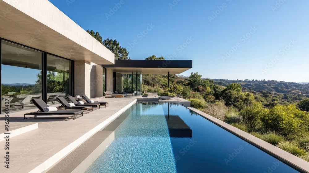 Fototapeta premium A modern swimming pool area with clean lines, minimalistic loungers, and a beautiful view of the surrounding landscape