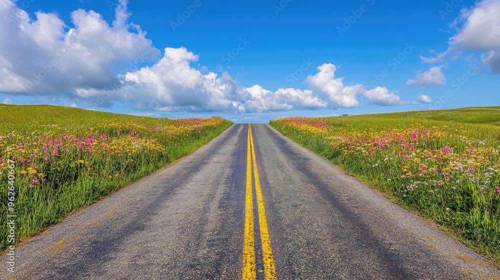 Naklejka premium A narrow country road with faded yellow traffic lines, bordered by fields of wildflowers under a bright blue sky