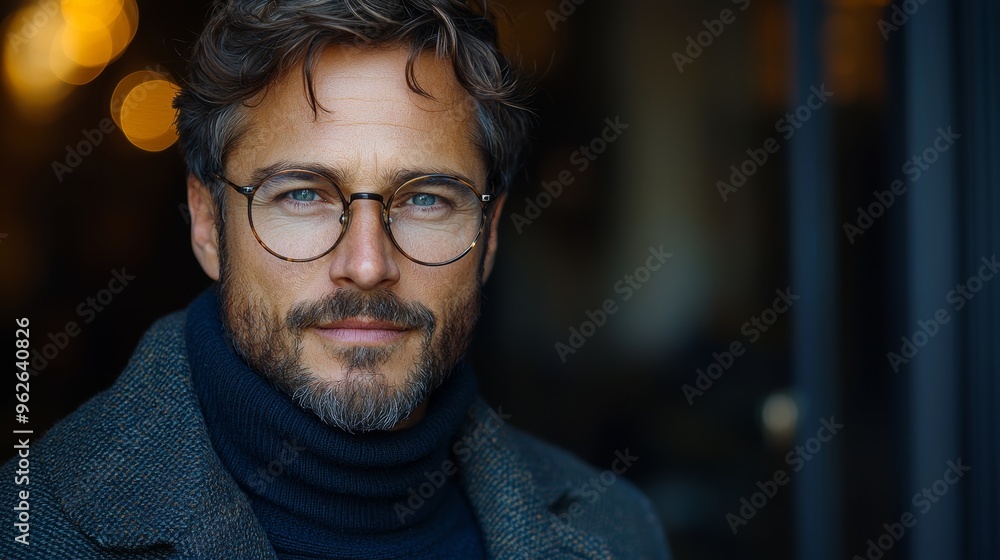 Stylish man in glasses wearing a turtleneck sweater and jacket standing indoors with warm lighting in a modern setting Stylish man in glasses wearing a turtleneck sweater and jacket standing indoors with warm lighting in a modern setting
