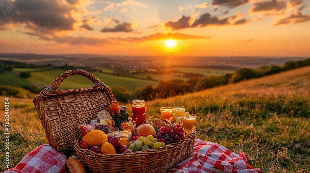 A picnic basket overflowing with delicious foods, set on a hilltop with a panoramic view of a sunset over the countryside A picnic basket overflowing with delicious foods, set on a hilltop with a panoramic view of a sunset over the countryside