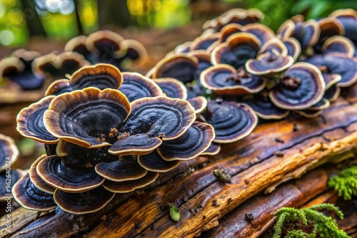 Macro view of a black staining polypore fungus, Meruliussilversteinii, growing on a decaying log, its inky-black caps releasing dark spores onto surrounding leaf litter.