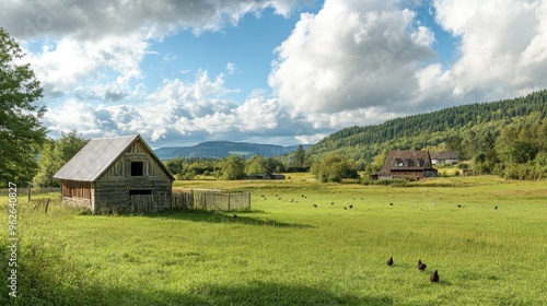 A panoramic view of a rural chicken coop surrounded by a grassy field, with a traditional farmhouse in the background