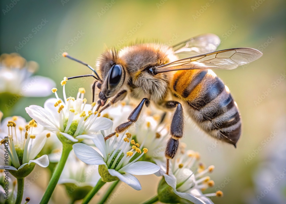 Macro shot of a black and white striped honey bee collect nectar from a delicate white flower against a soft blurred background. Macro shot of a black and white striped honey bee collect nectar from a delicate white flower against a soft blurred background.