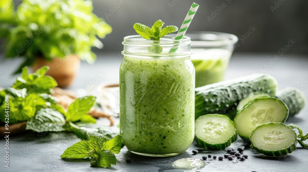 A refreshing cucumber and mint smoothie in a mason jar, with a paper straw, surrounded by fresh ingredients on a table A refreshing cucumber and mint smoothie in a mason jar, with a paper straw, surrounded by fresh ingredients on a table