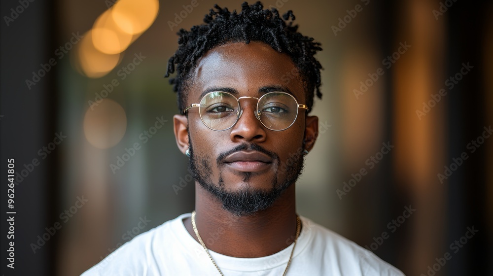 A young man with glasses and stylish hair posing confidently in a modern indoor setting during daylight A young man with glasses and stylish hair posing confidently in a modern indoor setting during daylight