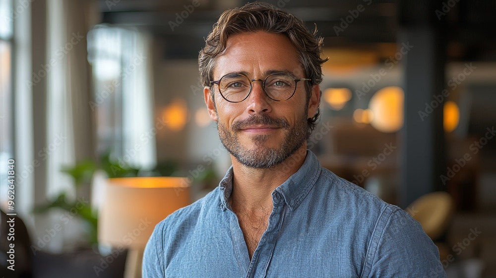 Confident man in glasses smiling at the camera in a modern cafe setting during the day Confident man in glasses smiling at the camera in a modern cafe setting during the day