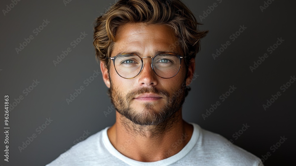 Young man with glasses and tousled hair poses against a plain background, showcasing his confident expression and stylish appearance Young man with glasses and tousled hair poses against a plain background, showcasing his confident expression and stylish appearance