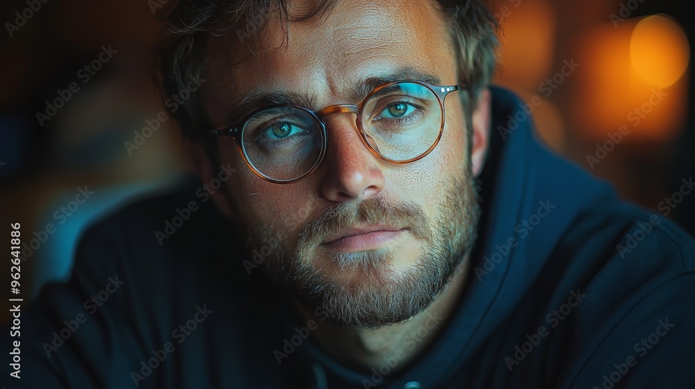 A contemplative man in a cozy café during evening hours, showcasing thoughtful expression and warm lighting A contemplative man in a cozy café during evening hours, showcasing thoughtful expression and warm lighting