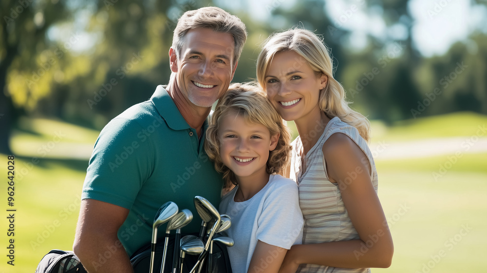 A cheerful family of three stands together on a golf course, smiling and holding golf clubs, enjoying a sunny day outdoors.