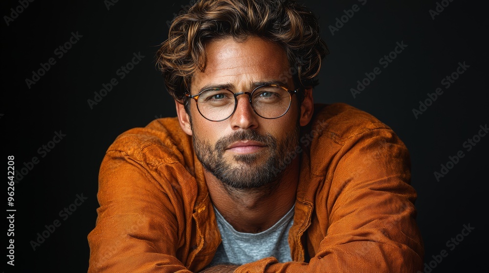 A young man with curly hair and glasses poses confidently in a casual outfit against a dark background in a studio setting A young man with curly hair and glasses poses confidently in a casual outfit against a dark background in a studio setting
