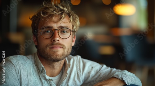 A young man with glasses sits thoughtfully in a cozy café during the late afternoon, illuminated by warm, soft lighting