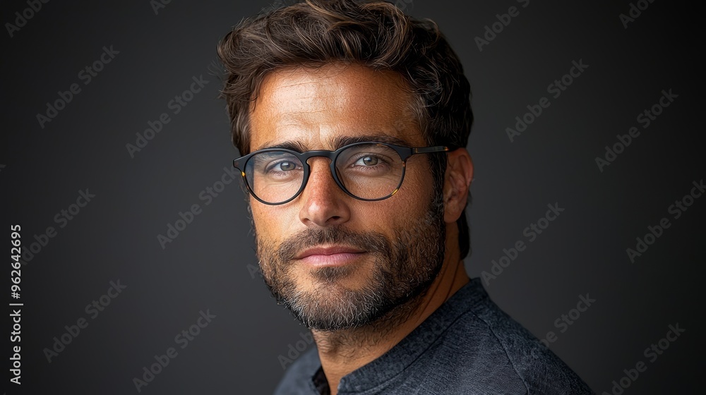 Thoughtful man with glasses gazes confidently at the camera in a relaxed studio setting with a dark background Thoughtful man with glasses gazes confidently at the camera in a relaxed studio setting with a dark background
