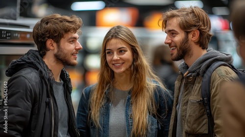 Group of friends discussing energy-saving tips at a home improvement store, buying energy-efficient appliances, modern setting,