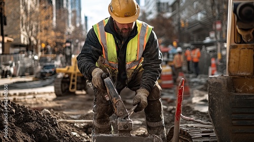 A construction worker operates machinery on a busy urban site. photo