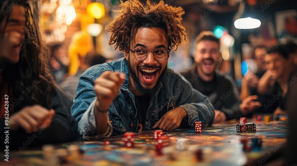 Group of friends having a game night in a living room, one friend dramatically throwing dice while others cheer, board games scattered around, casual and fun environment, Group of friends having a game night in a living room, one friend dramatically throwing dice while others cheer, board games scattered around, casual and fun environment,