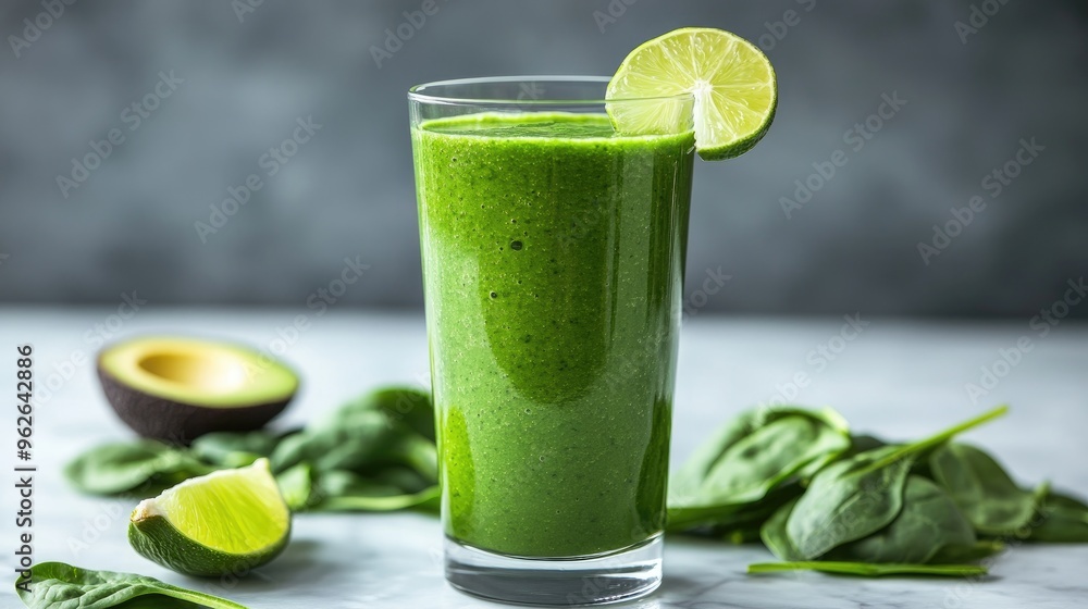 A vibrant spinach and avocado smoothie in a tall glass with fresh spinach leaves and lime wedges, on a white marble surface A vibrant spinach and avocado smoothie in a tall glass with fresh spinach leaves and lime wedges, on a white marble surface