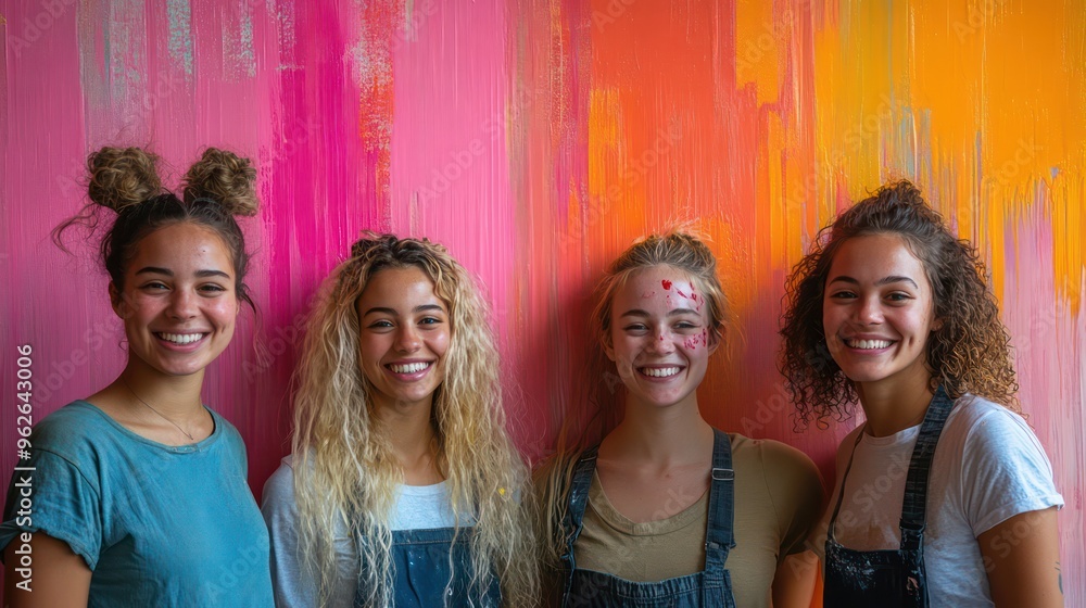 Fototapeta premium Group of roommates painting their living room walls with bold colors, one person accidentally getting paint on face, laughter and spontaneity,