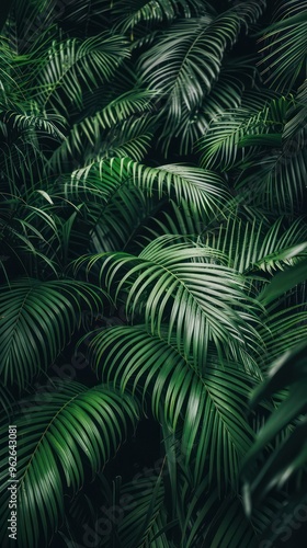 A dense arrangement of lush green palm leaves creating a tropical ambiance.