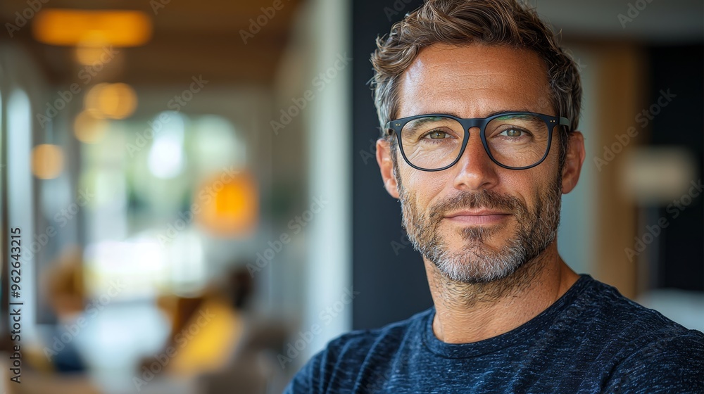 Confident man with glasses smiling in a modern interior space during the day Confident man with glasses smiling in a modern interior space during the day