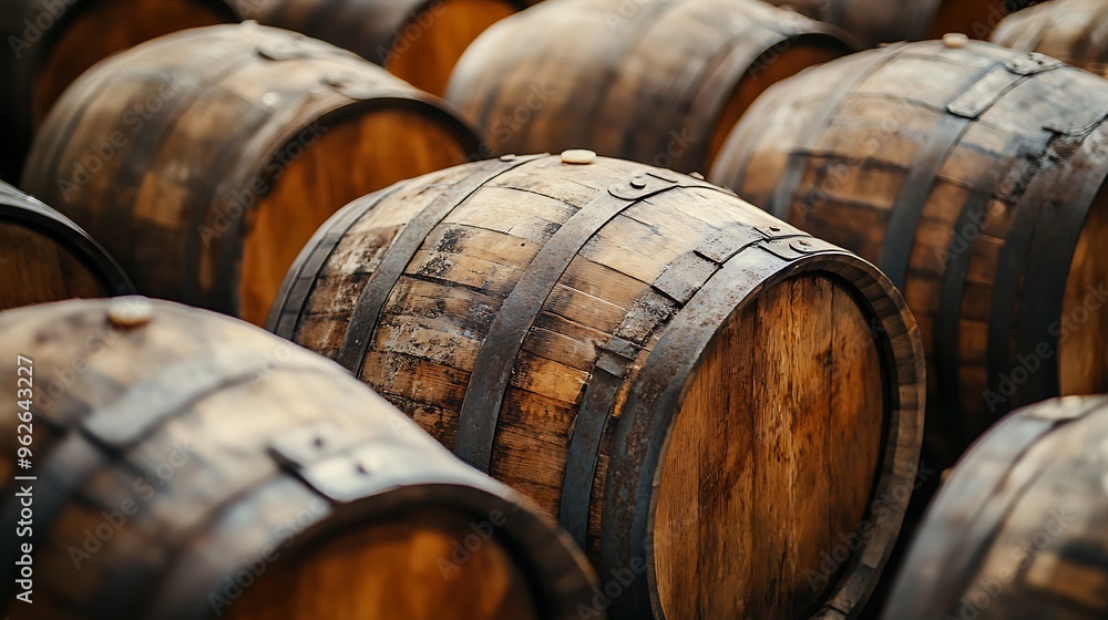 Stacked Wooden Barrels in a Winery Cellar Stacked Wooden Barrels in a Winery Cellar