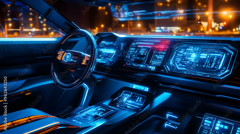 Futuristic Car Interior with Blue and Orange Neon Lights - 3D Illustration Futuristic Car Interior with Blue and Orange Neon Lights - 3D Illustration