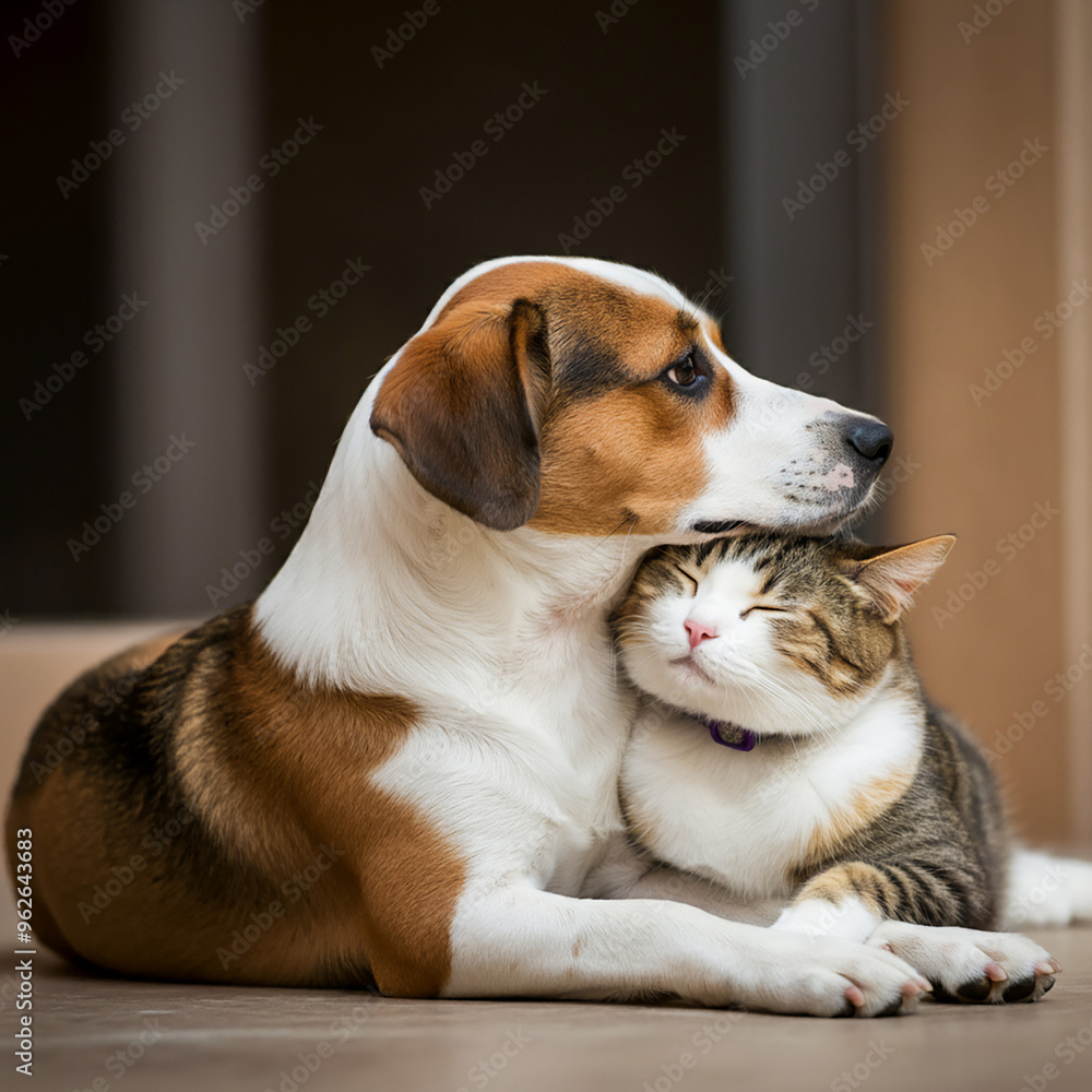 A dog and a cat, with the cat napping and leaning against the dog. A dog and a cat, with the cat napping and leaning against the dog.