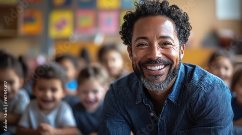 Kindergarten teacher making funny faces to engage children in a story, kids giggling and participating enthusiastically, colorful classroom with art on the walls,