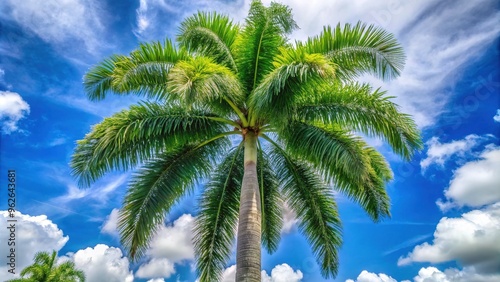 Majestic royal palm tree stands tall, its slender grey trunk adorned with a lush green canopy and delicate fronds swaying gently in the breeze.