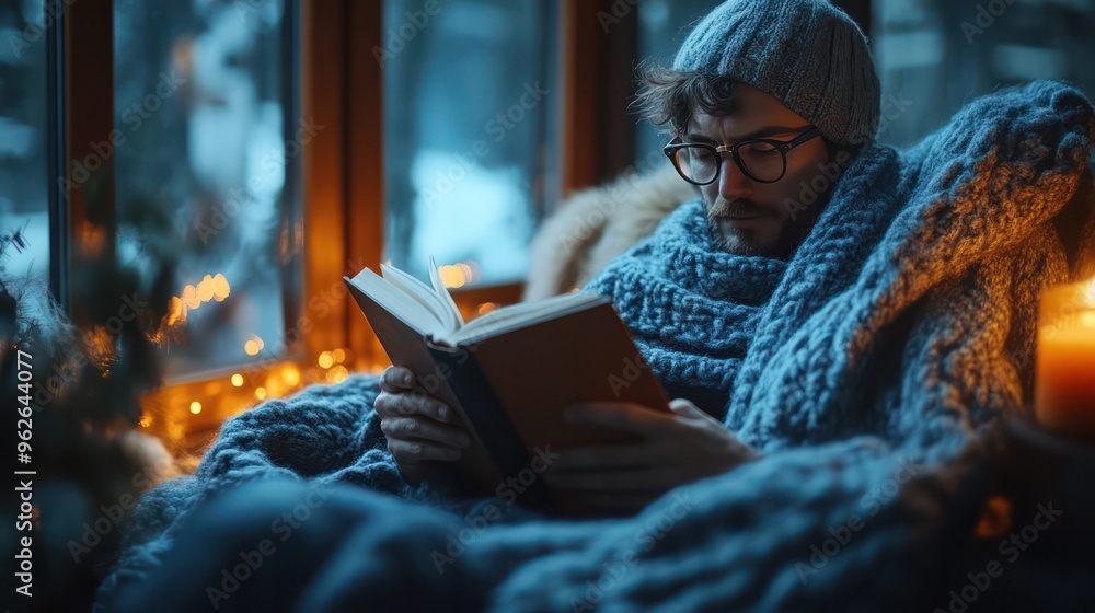 Man reading a book in a cozy nook, wrapped in a blanket, sipping on herbal tea, soft ambient lighting, calming atmosphere, Man reading a book in a cozy nook, wrapped in a blanket, sipping on herbal tea, soft ambient lighting, calming atmosphere,