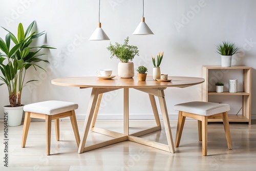 Minimalist Scandinavian-inspired modern modular timber table with clean lines, natural wood tones, and geometric shapes, set against a soft, creamy white background. photo