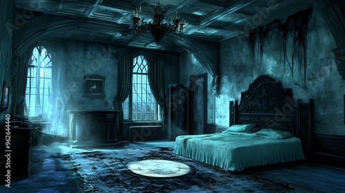 An old, eerie, and gothic bedroom with large windows and a chandelier. The room is dimly lit and has a sense of mystery.