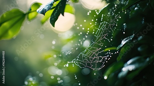 A delicate spiderweb adorned with dew droplets, suspended among lush green leaves.